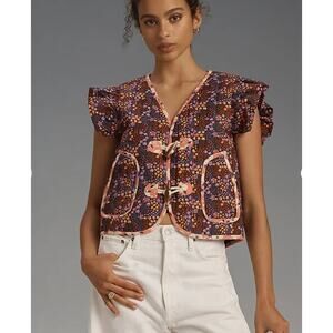 Anthropologie Dolan Floral Ruffled Toggle Vest Jacket NWT Size Large